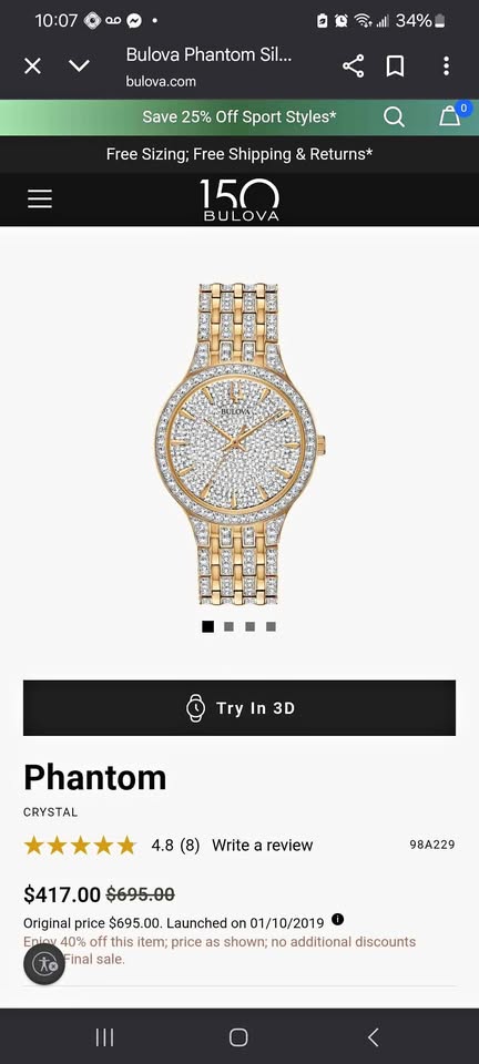 *NEW* Bulova Phantom Crystal watch w/box and papers