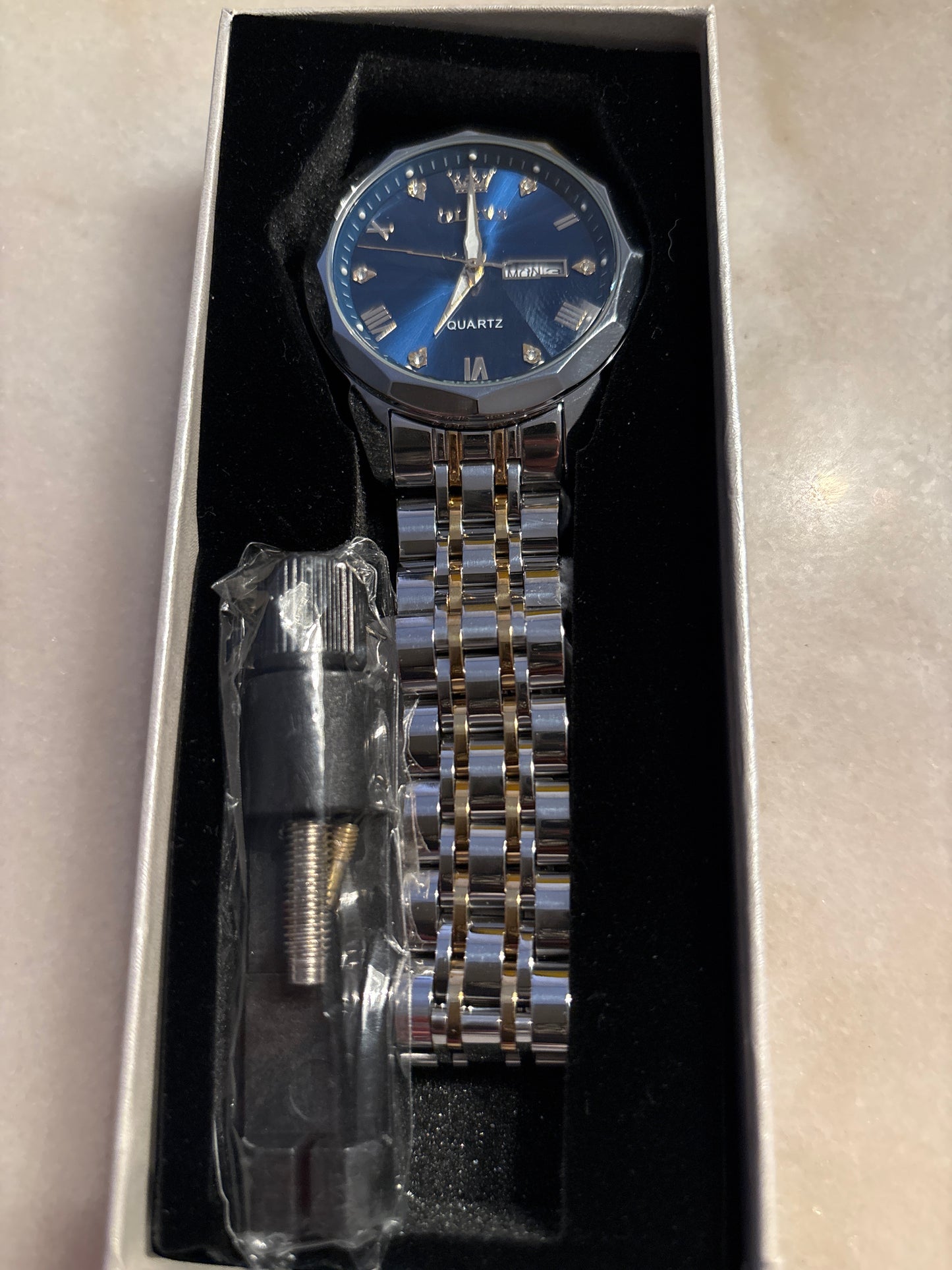 OLEVS Men’s Blue Diamond Dual Toned Watch
