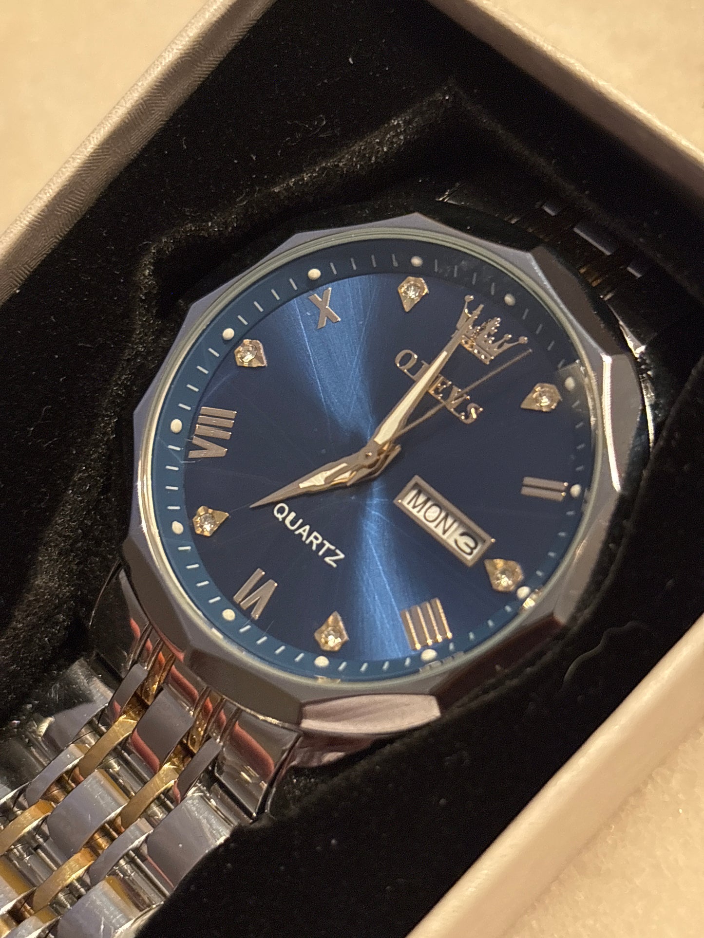 OLEVS Men’s Blue Diamond Dual Toned Watch