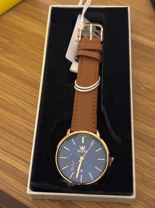 OLEVS Blue + Brown Unisex Watch